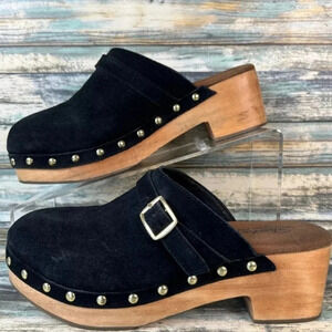 Skechers Memory Foam Sabo Sandals Black Suede Wooden Clogs Mules Size 7